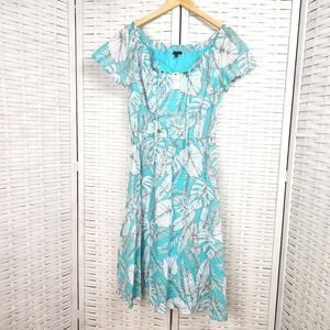 Talbots Aqua Blue & White Palm Fit & Flare Dress Cotton Lined Tropical Size 6‎